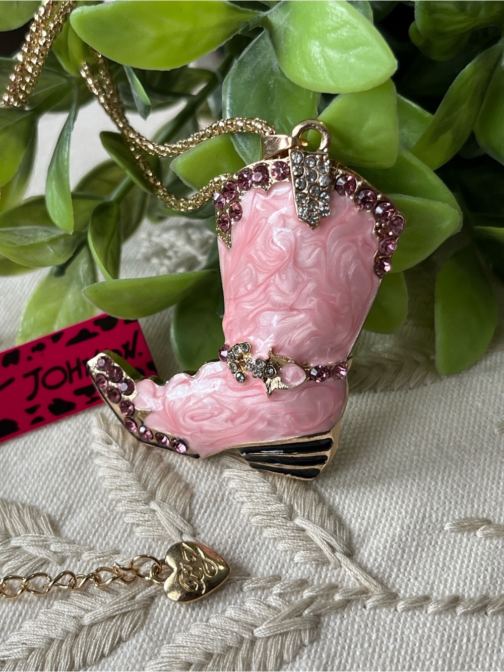Betsey Johnson Pink Jeweled Cowboy Boot Pendant Necklace ~New~